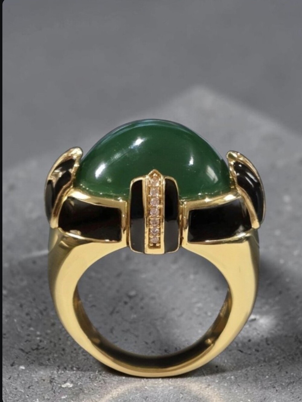 18k Gold Plated Onyx Enamel Green Onyx Glass Cabochon Oversized Statement Ring